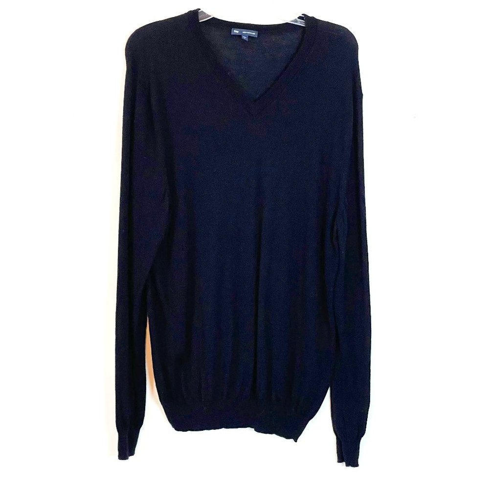Gap Men's Black Merino Wool Long Sleeve V-Neck Pullover Sweater Size Large